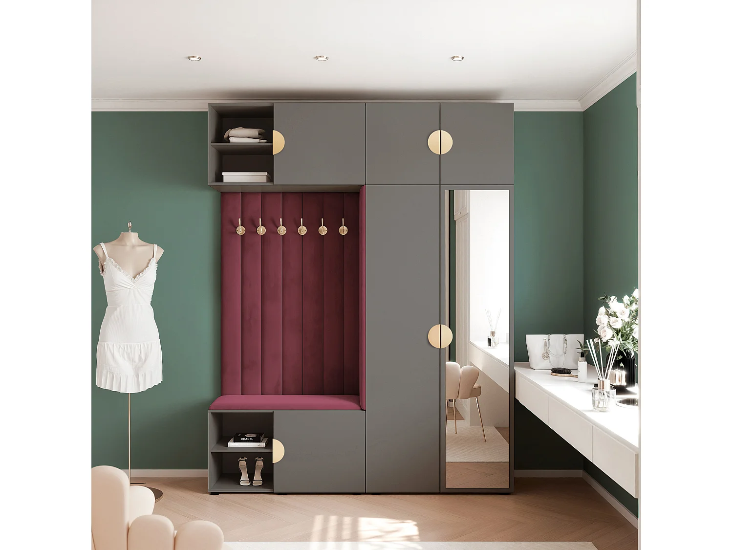 Vestiaire ARIA 4 190 cm Gris Rembourré Bordeaux avec Miroir Soft-Close Poignées Moon Doré