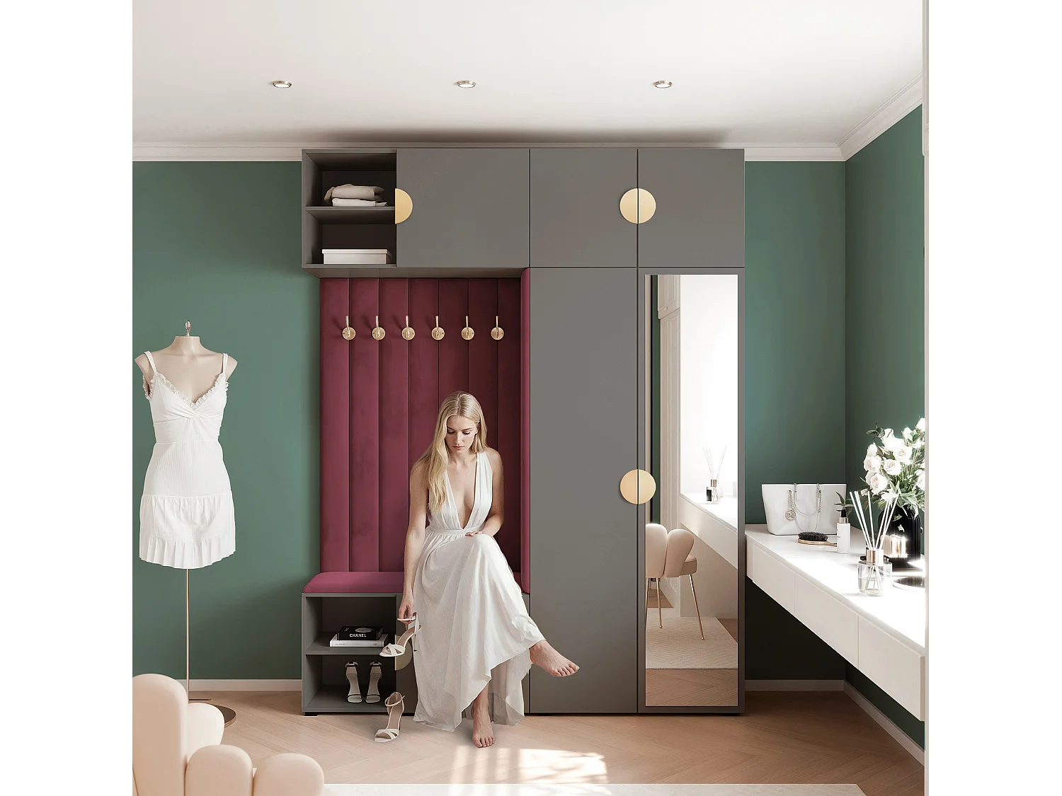 Vestiaire ARIA 4 190 cm Gris Rembourré Bordeaux avec Miroir Soft-Close Poignées Moon Doré