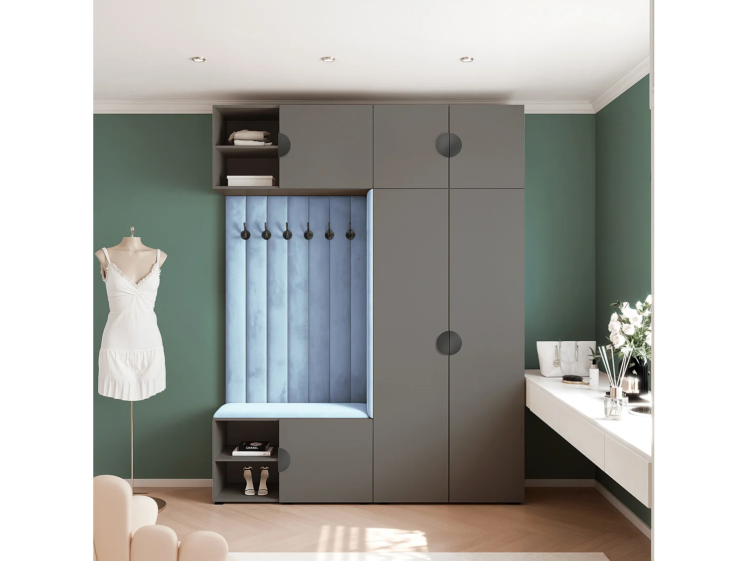 Vestiaire ARIA 4 190 cm Gris Rembourré Bleu Clair Soft-Close Poignées Moon Noir