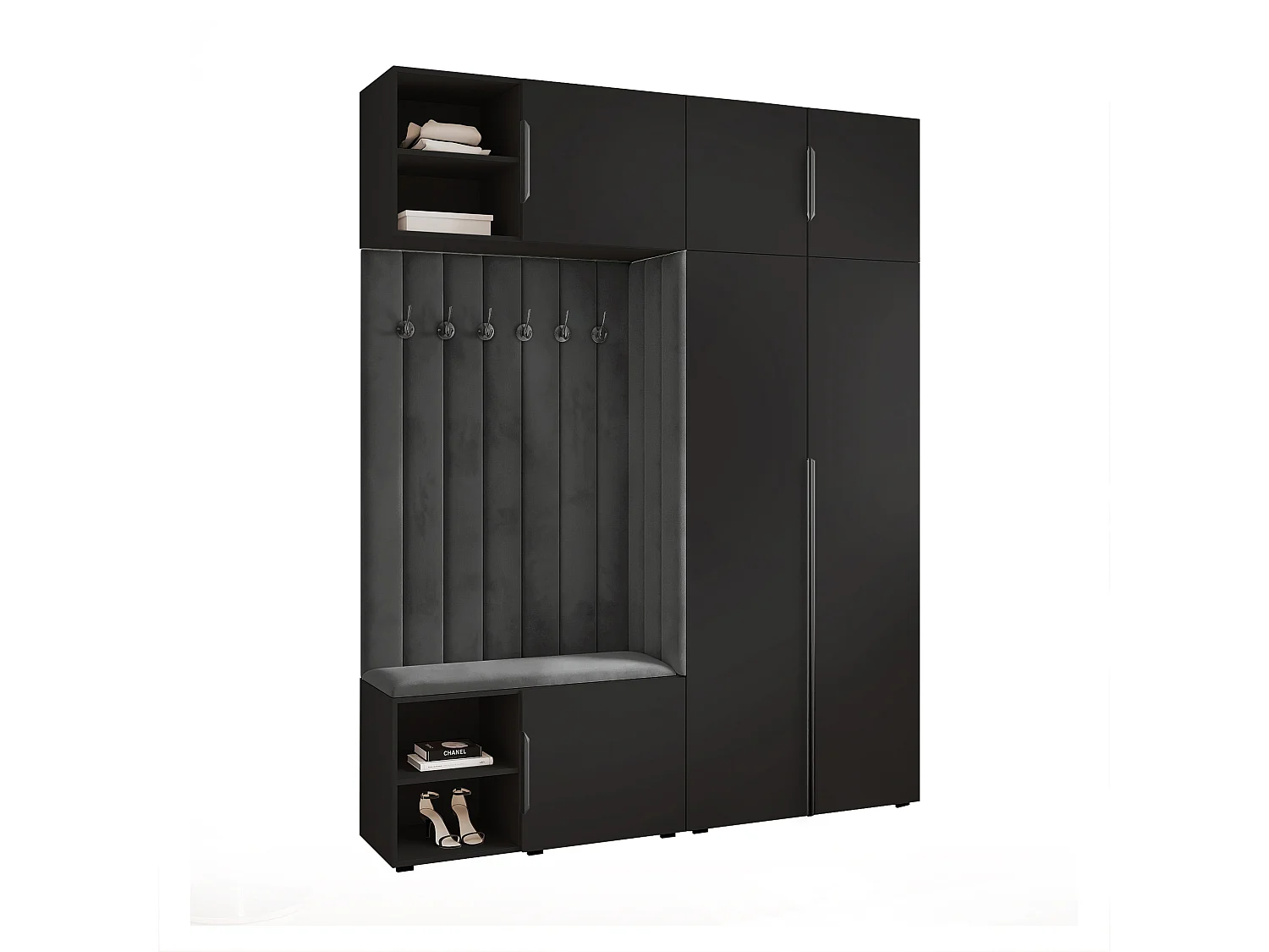 Vestiaire ARIA 4 190 cm Noir Rembourré Graphite Soft-Close Poignées Hexa Noir