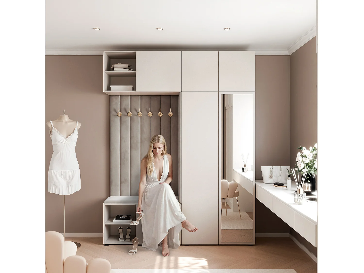 Garderobe Aria 190 cm Kasjmier Gestoffeerd Muisgrijs Soft-Close Push-to-Open