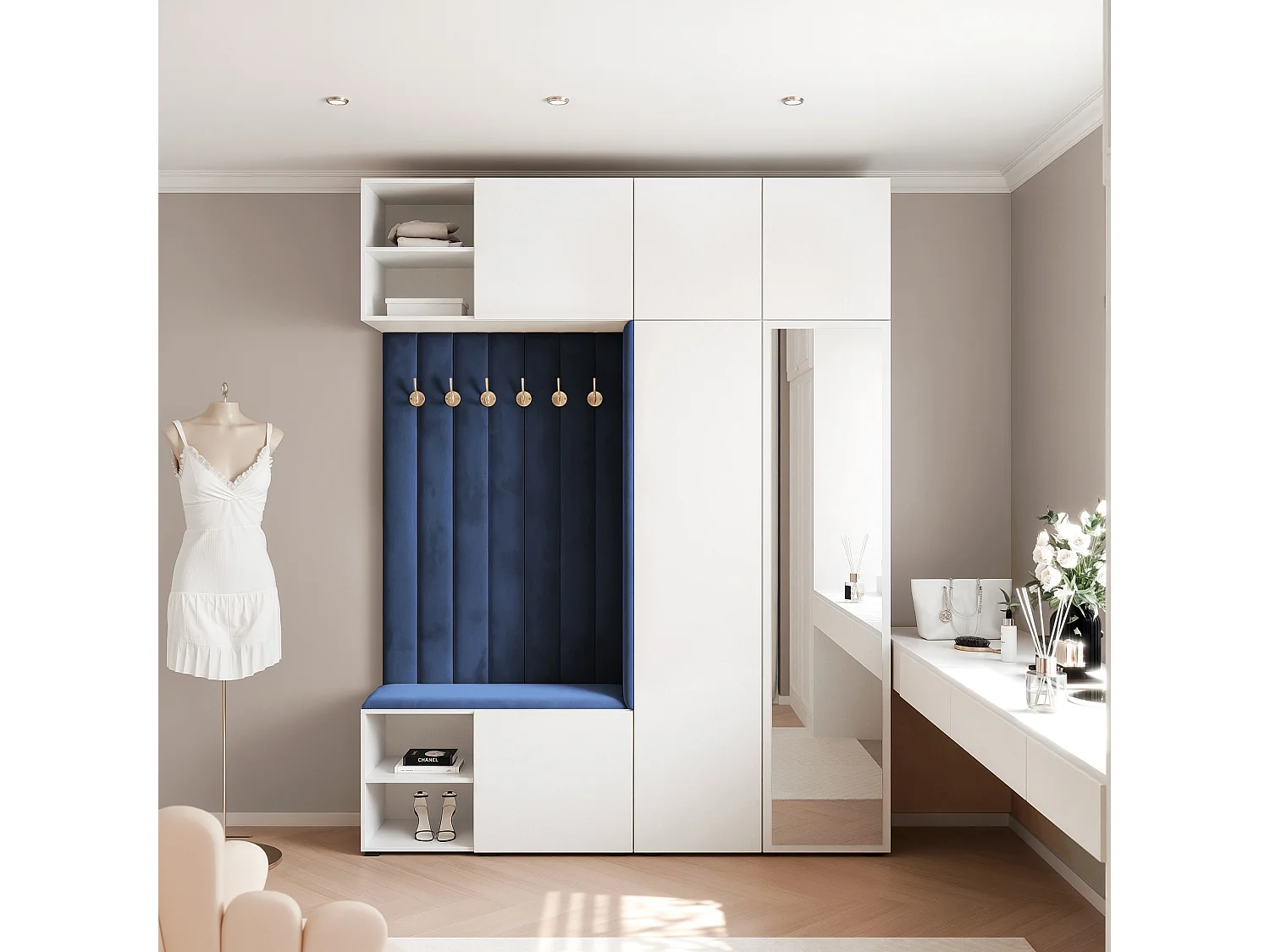 Garderobe Aria 190 cm Wit Gestoffeerd Atlantisch Blauw Soft-Close Push-to-Open