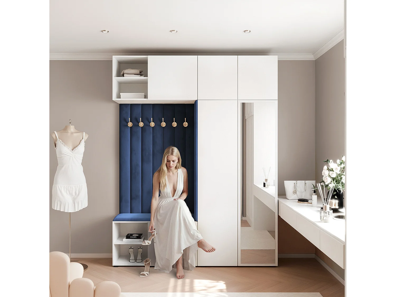 Garderobe Aria 190 cm Wit Gestoffeerd Atlantisch Blauw Soft-Close Push-to-Open