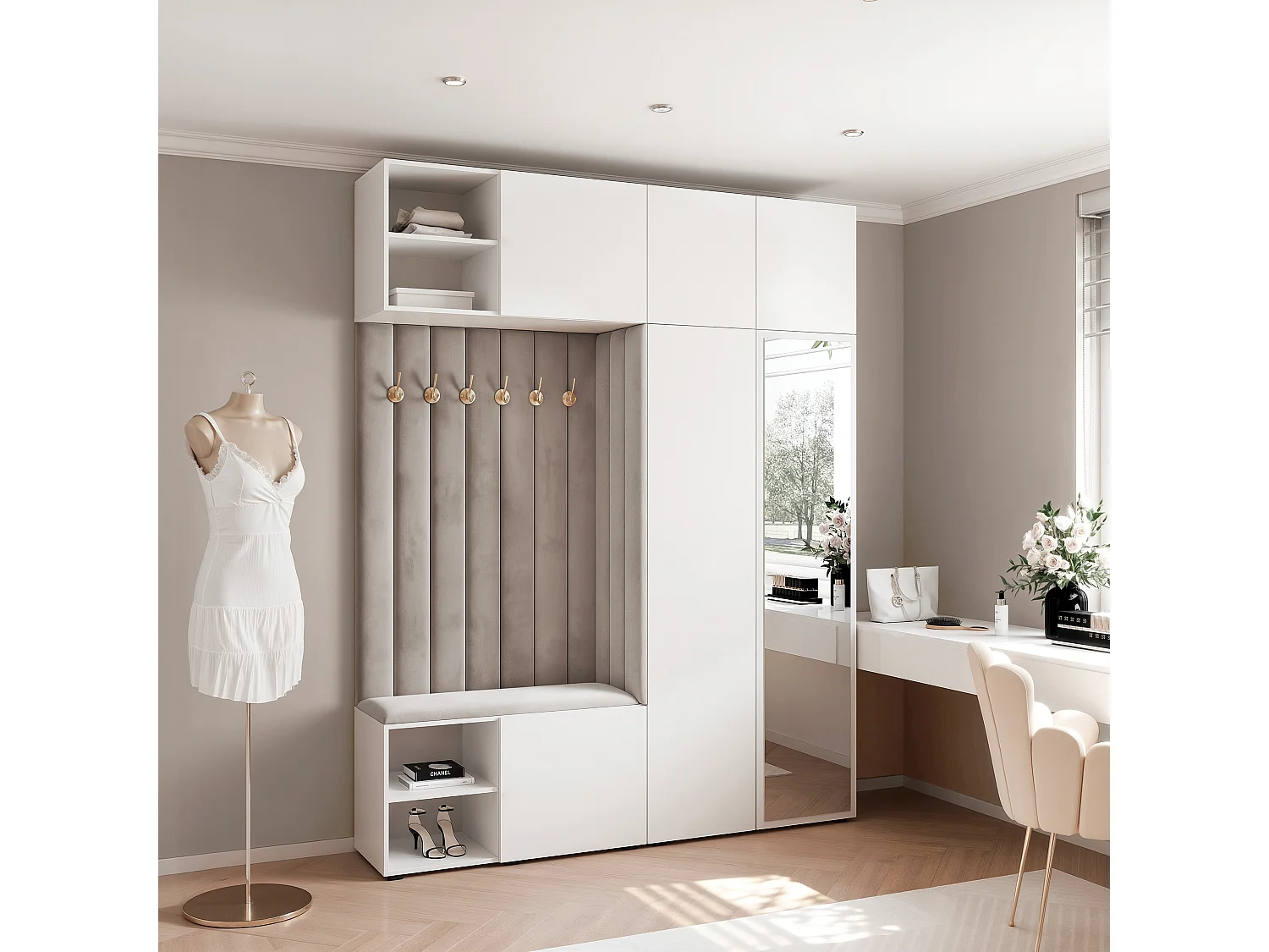 Garderobe Aria 190 cm Wit Gestoffeerd Lichtgrau Soft-Close Push-to-Open