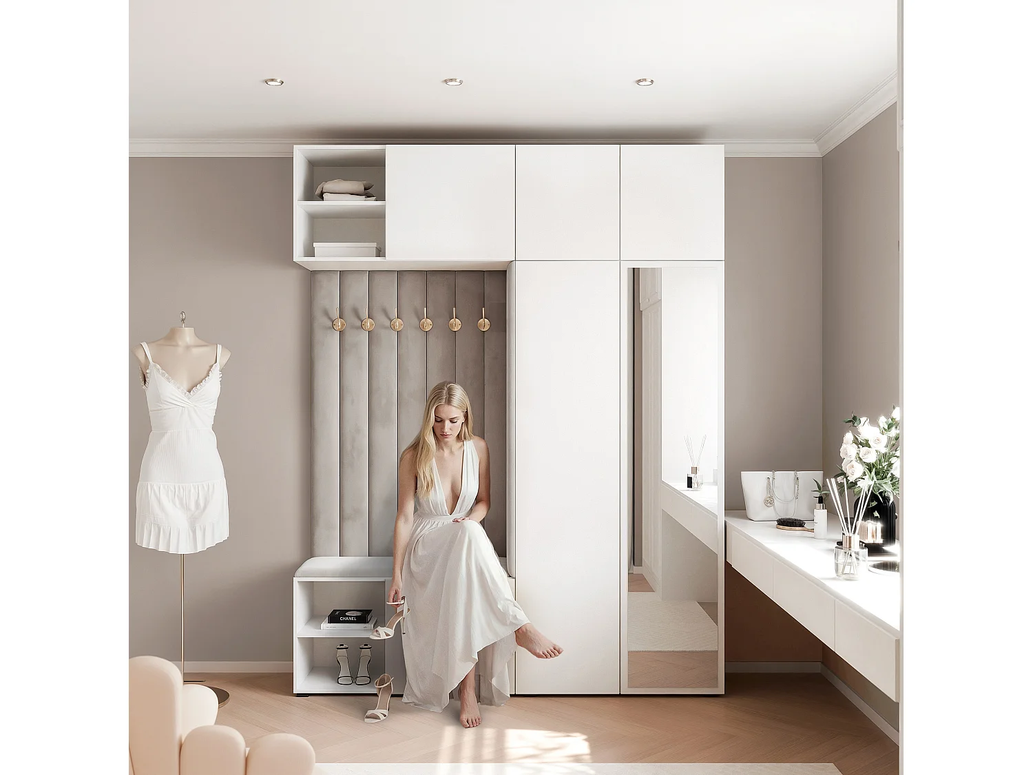 Garderobe Aria 190 cm Wit Gestoffeerd Lichtgrau Soft-Close Push-to-Open