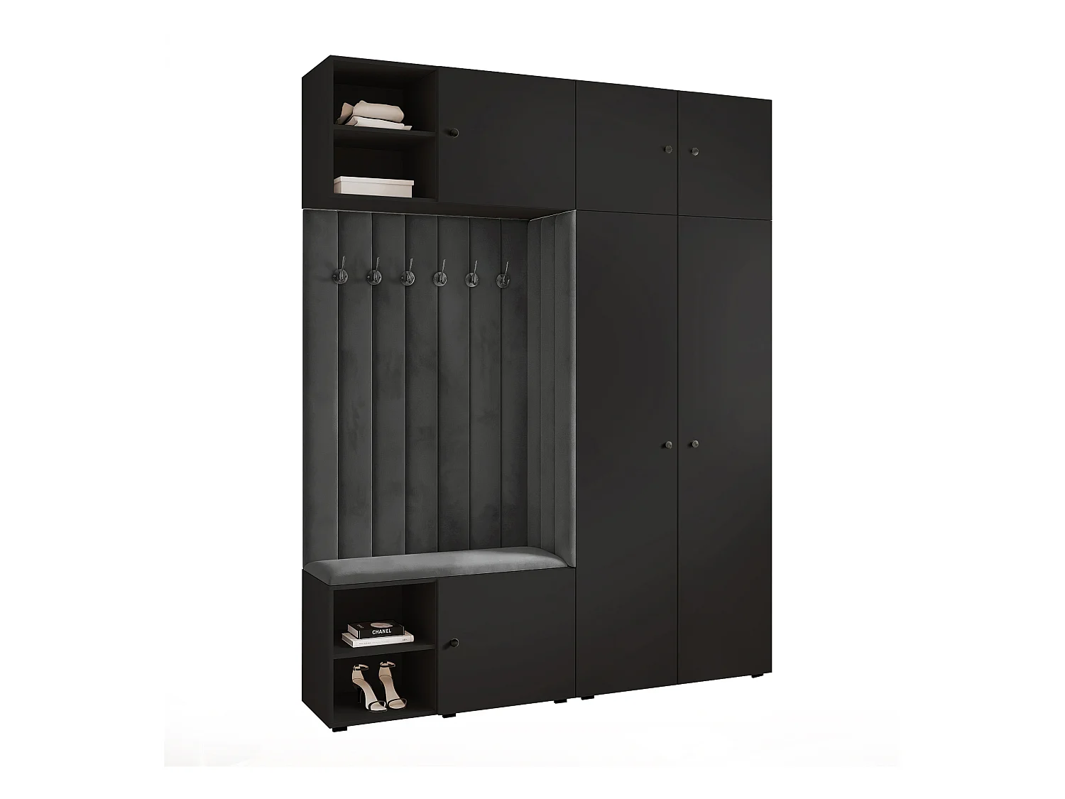 Vestiaire ARIA 4 190 cm Noir Rembourré Graphite Soft-Close Poignées bouton Noir