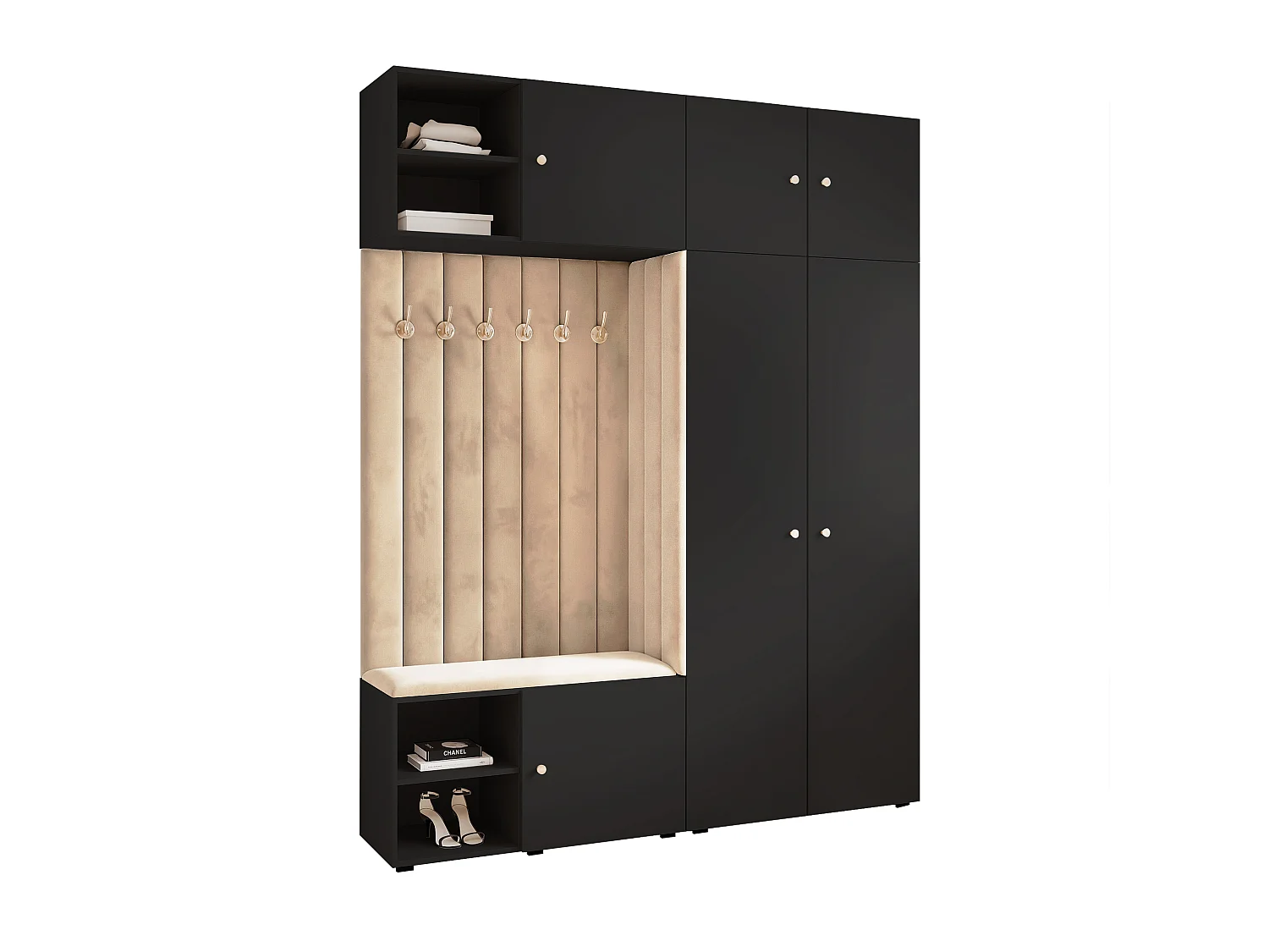 Vestiaire ARIA 4 190 cm Noir Rembourré Beige Soft-Close Poignées bouton Doré