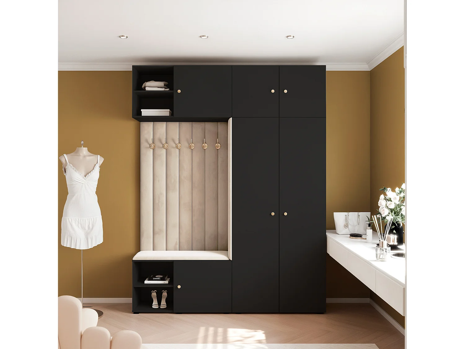 Vestiaire ARIA 4 190 cm Noir Rembourré Beige Soft-Close Poignées bouton Doré