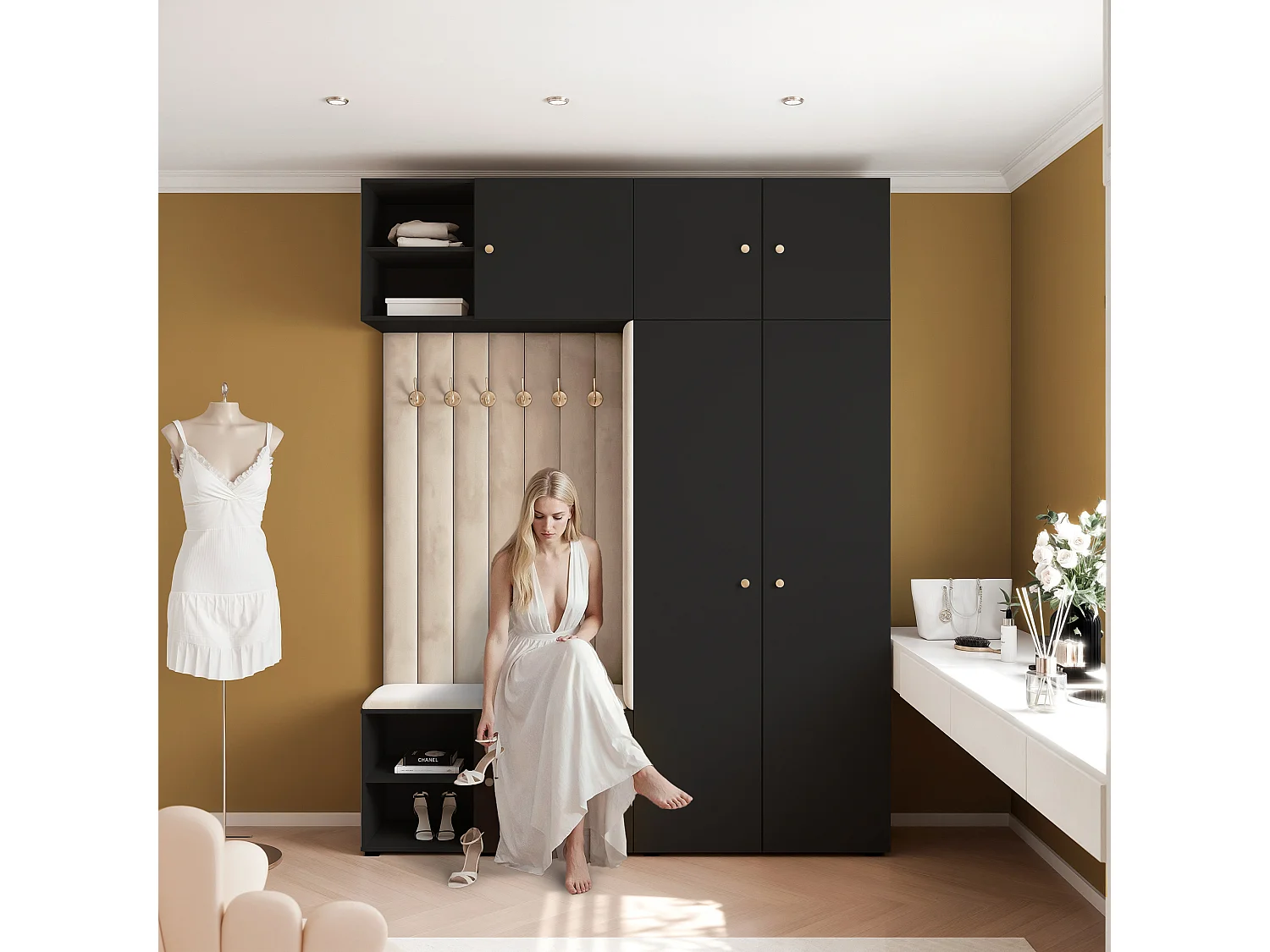Vestiaire ARIA 4 190 cm Noir Rembourré Beige Soft-Close Poignées bouton Doré