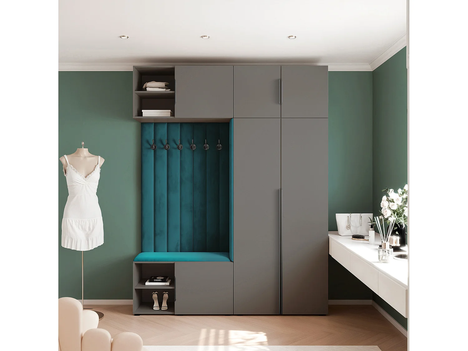 Vestiaire ARIA 4 190 cm Gris Rembourré Bleu Marine Soft-Close Poignées Hexa Noir