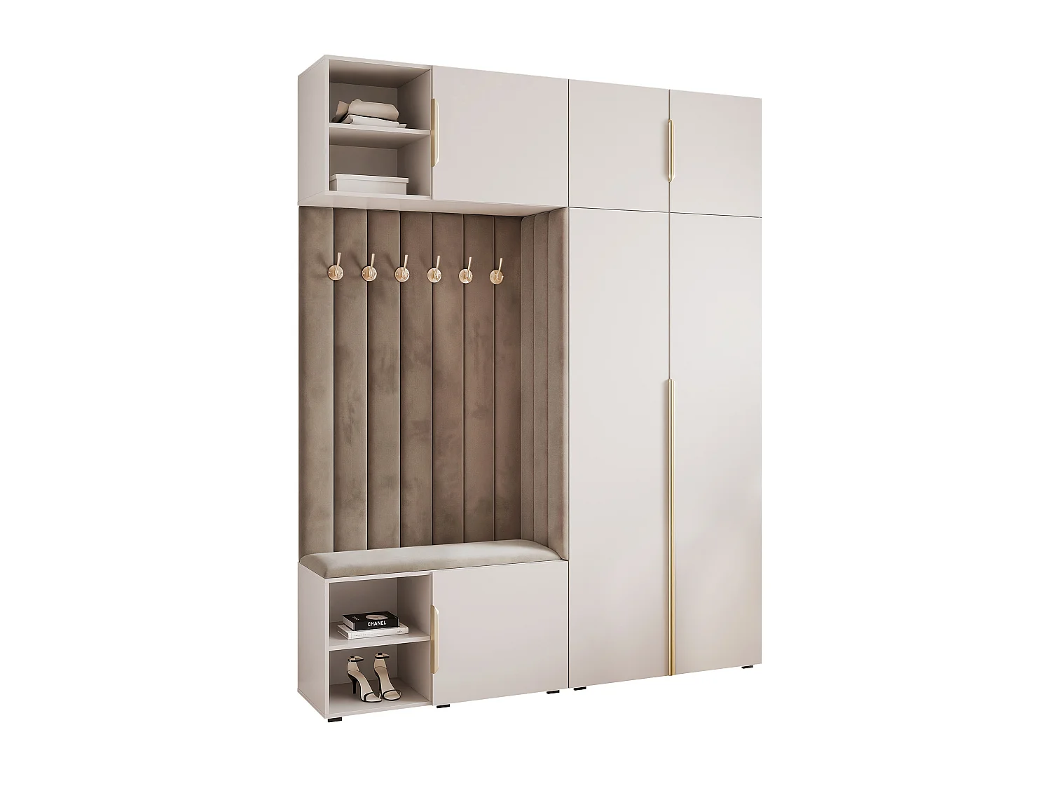 Vestiaire ARIA 4 190 cm Cachemire Rembourré Taupe Soft-Close Poignées Hexa Doré