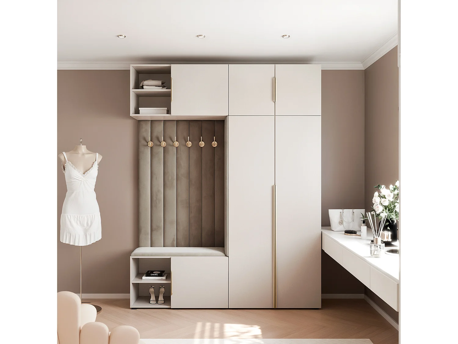 Vestiaire ARIA 4 190 cm Cachemire Rembourré Taupe Soft-Close Poignées Hexa Doré