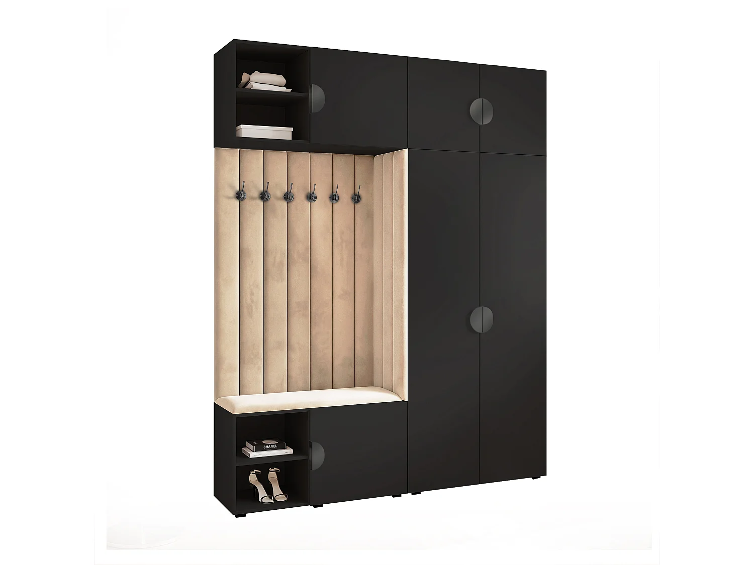 Vestiaire ARIA 4 190 cm Noir Rembourré Beige Soft-Close Poignées Moon Noir