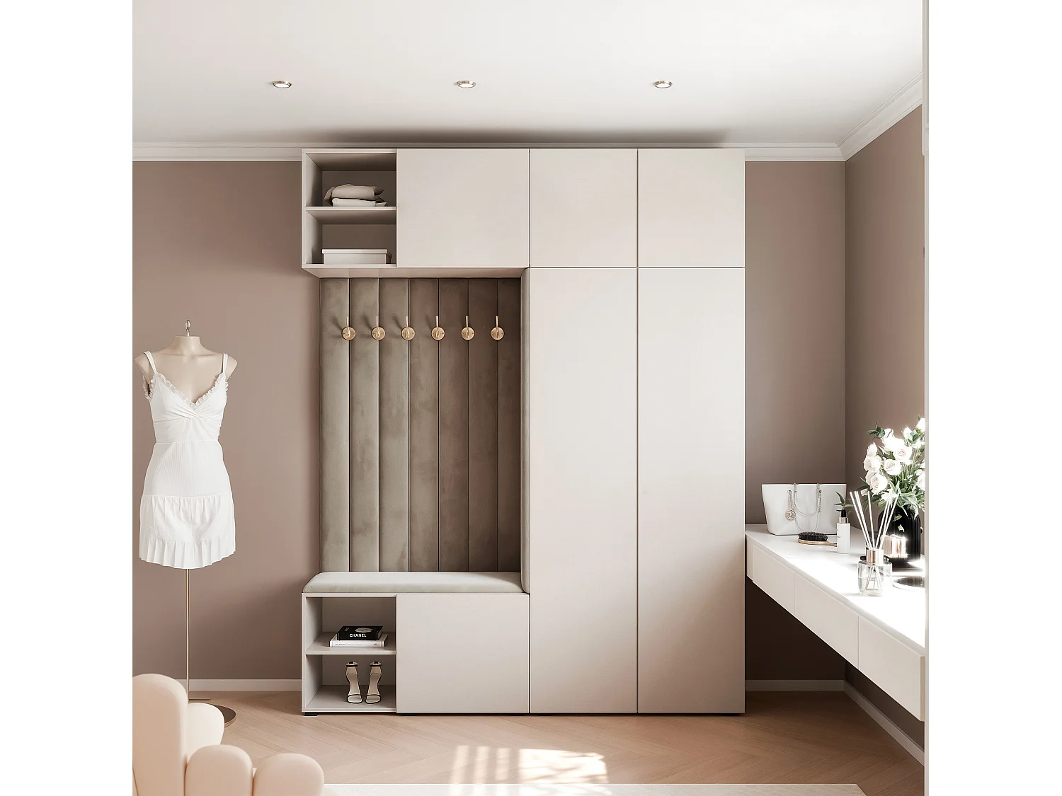 Garderobe Aria 190 cm Kasjmier Gestoffeerd Taupe Soft-Close Push-to-Open