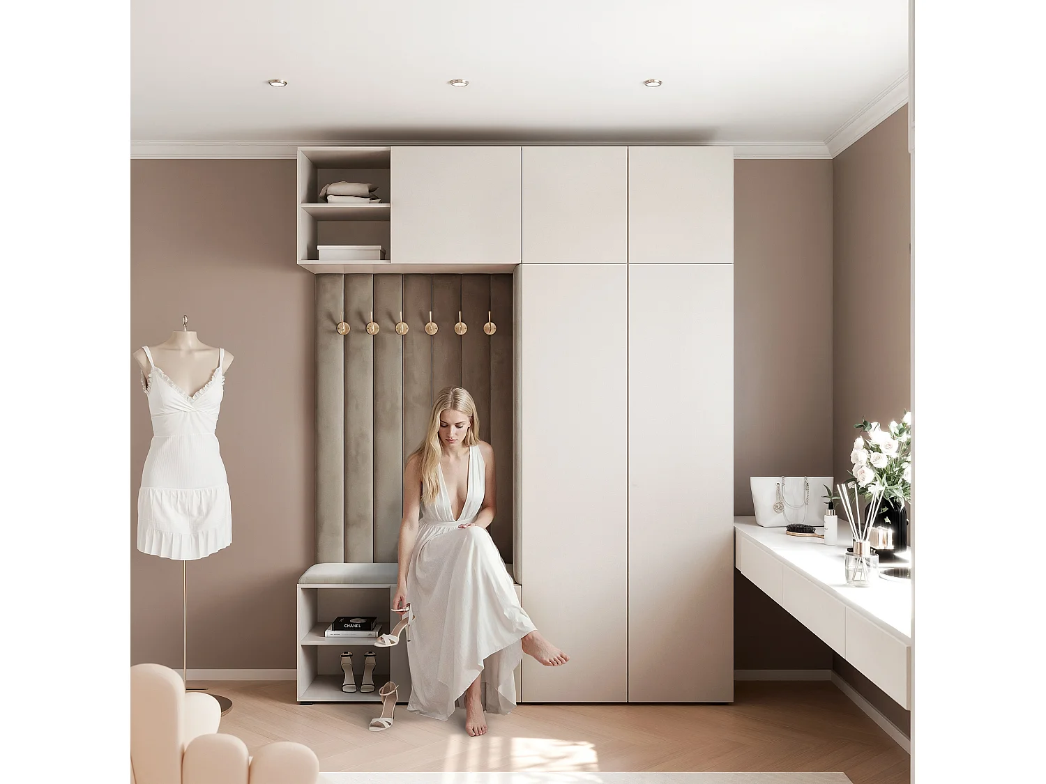 Garderobe Aria 190 cm Kasjmier Gestoffeerd Taupe Soft-Close Push-to-Open