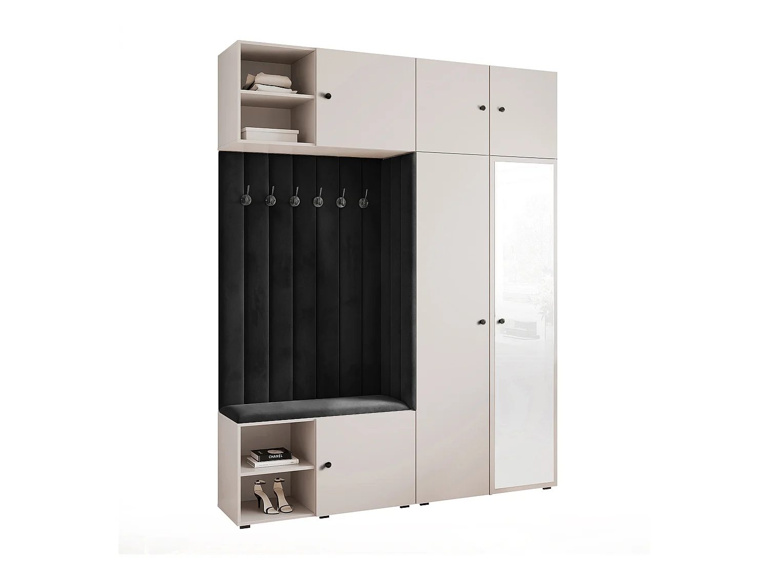 Garderobe Aria 190 cm Kaschmir Gepolstert Schwarz Soft-Close Griffe Schwarz