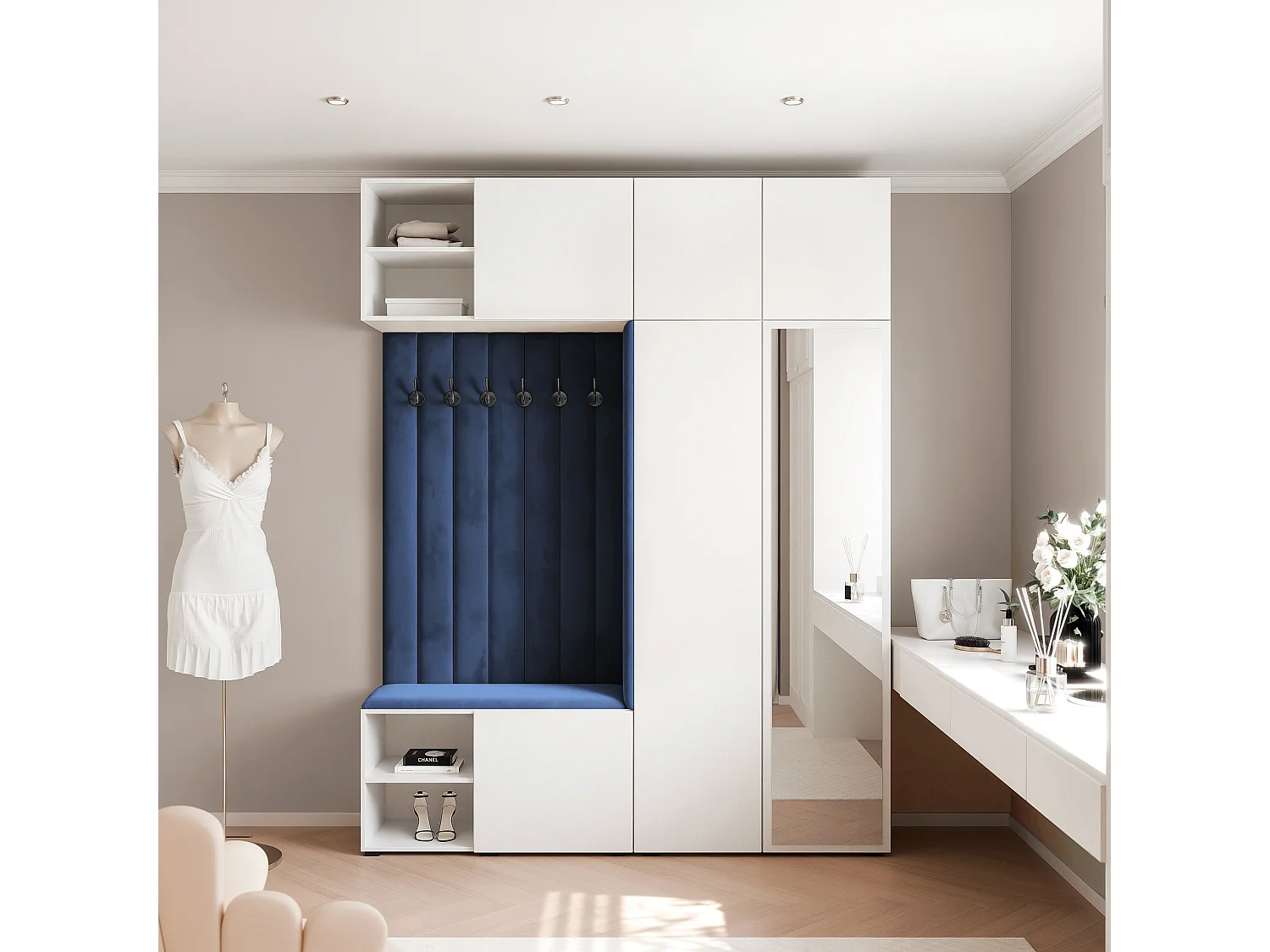 Garderobe Aria 190 cm Wit Gestoffeerd Atlantisch Blauw Soft-Close Push-to-Open