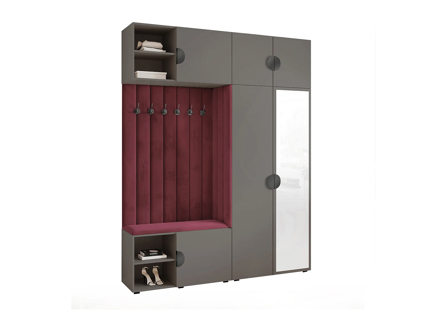 Vestiaire ARIA 4 190 cm Gris Rembourré Bordeaux avec Miroir Soft-Close Poignées Moon Noir