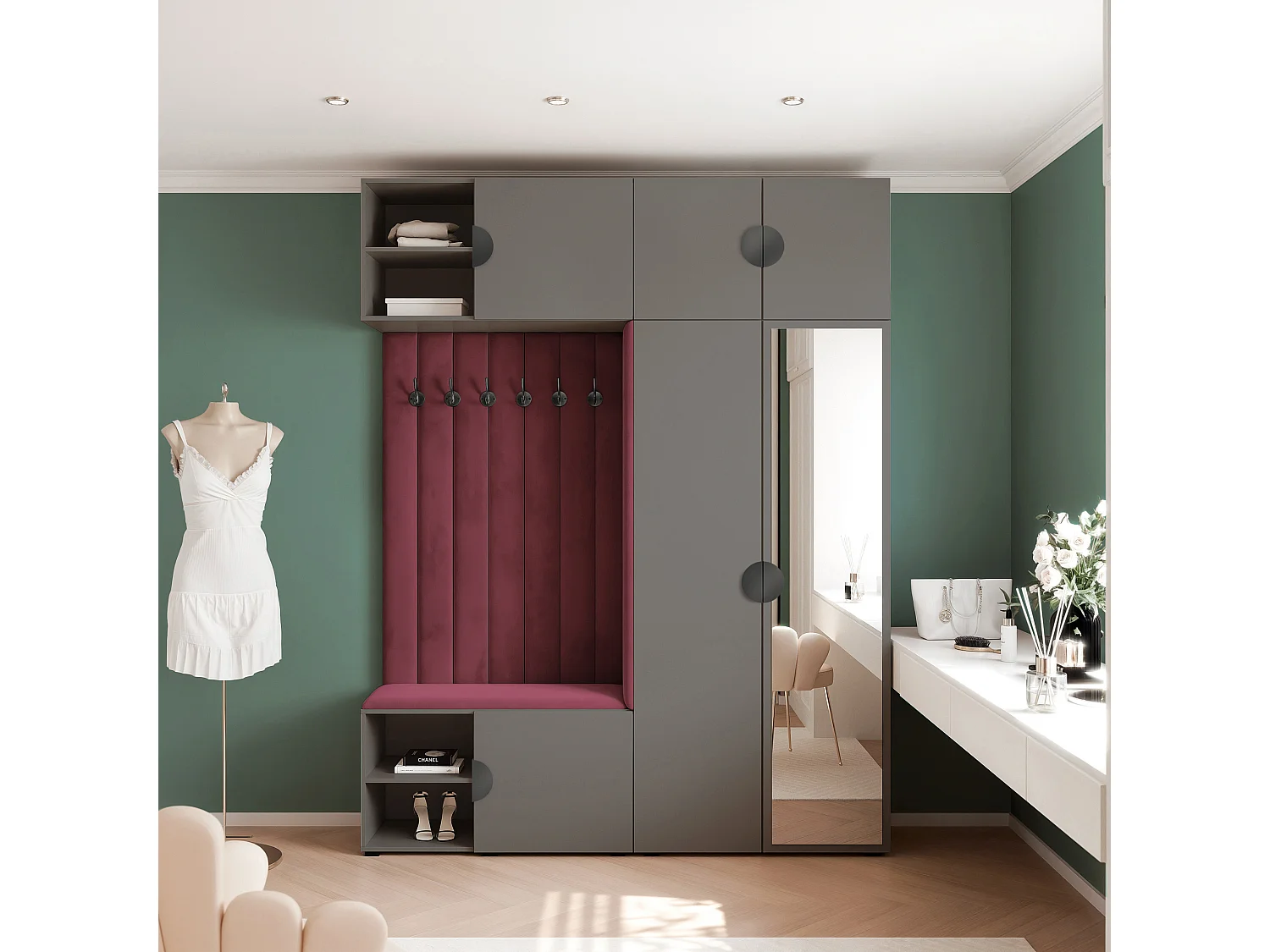 Vestiaire ARIA 4 190 cm Gris Rembourré Bordeaux avec Miroir Soft-Close Poignées Moon Noir