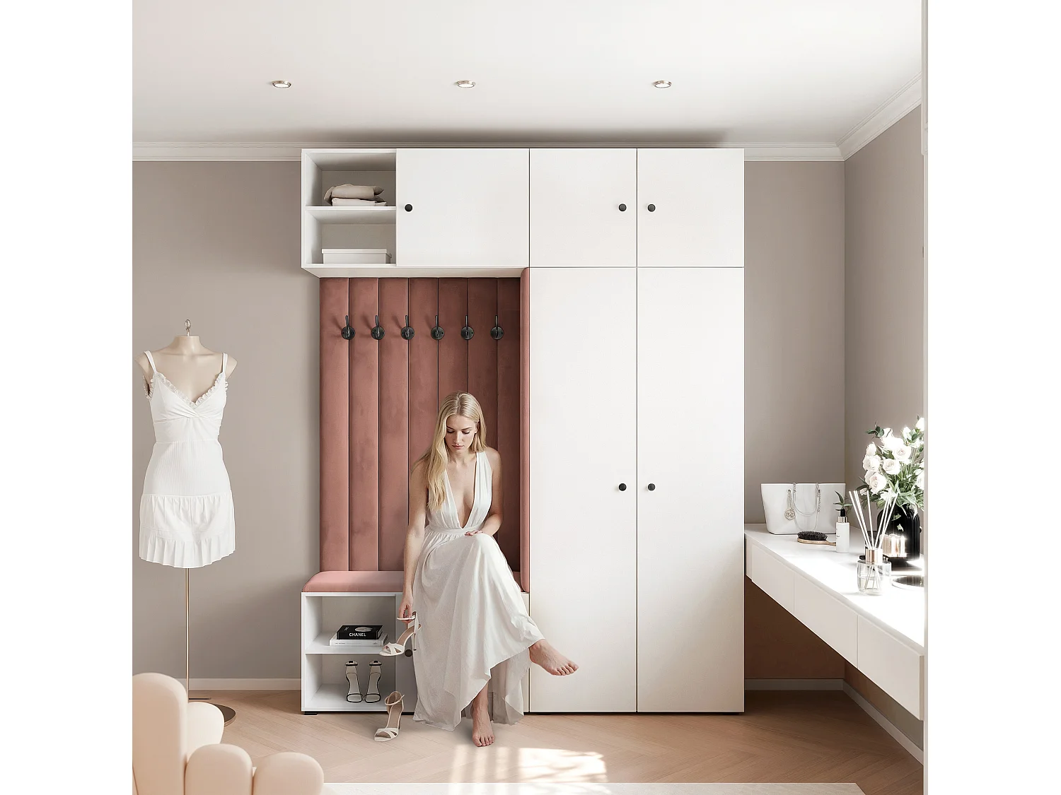 Vestiaire ARIA 4 190 cm Blanc Rembourré Rouille Soft-Close Poignées bouton Noir