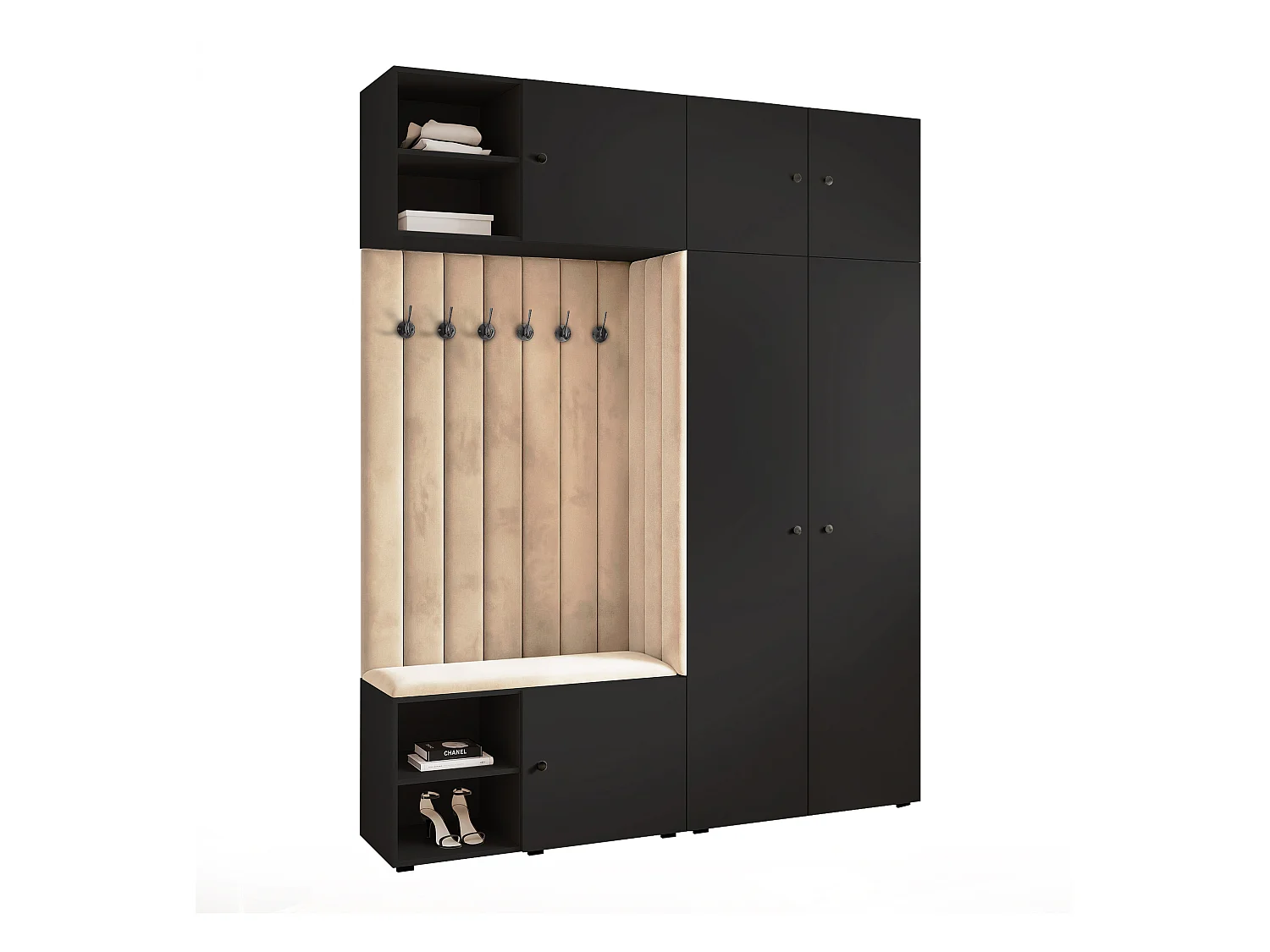 Garderobe Aria 190 cm Schwarz Gepolstert Beige Soft-Close Griffe Schwarz