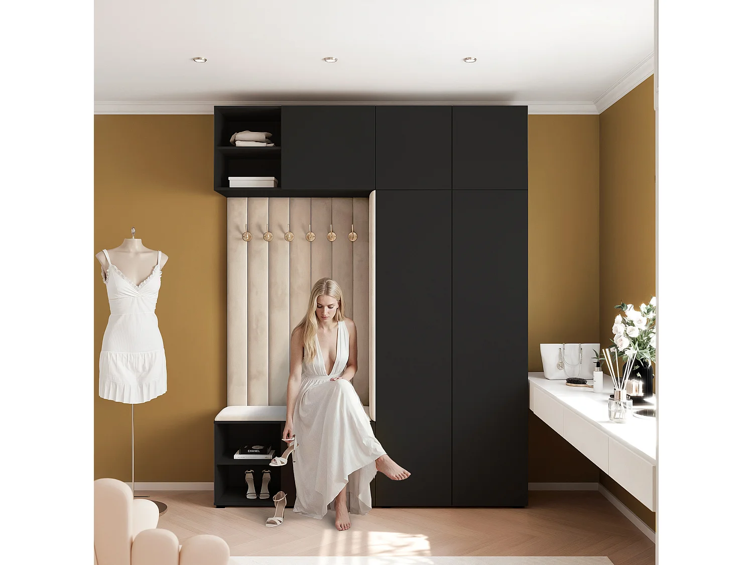 Garderobe Aria 190 cm Zwart Gestoffeerd Beige Soft-Close Push-to-Open