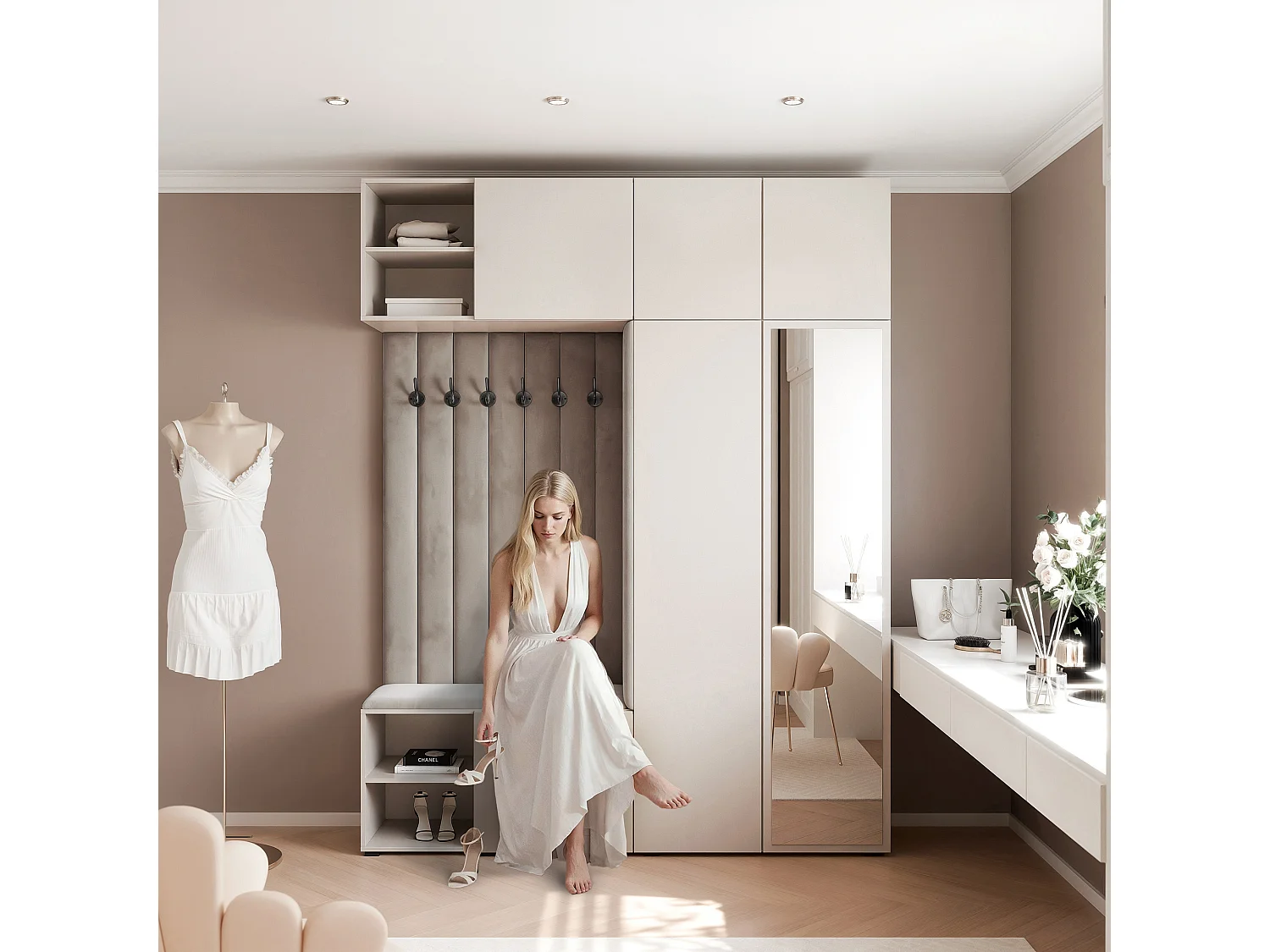 Garderobe Aria 190 cm Kasjmier Gestoffeerd Muisgrijs Soft-Close Push-to-Open