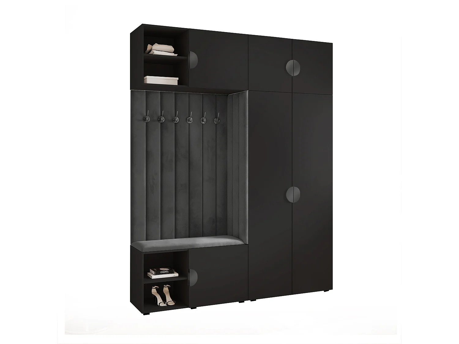 Vestiaire ARIA 4 190 cm Noir Rembourré Graphite Soft-Close Poignées Moon Noir