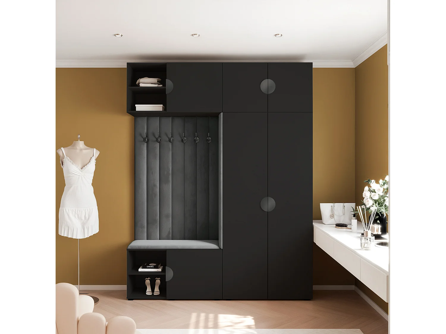 Vestiaire ARIA 4 190 cm Noir Rembourré Graphite Soft-Close Poignées Moon Noir