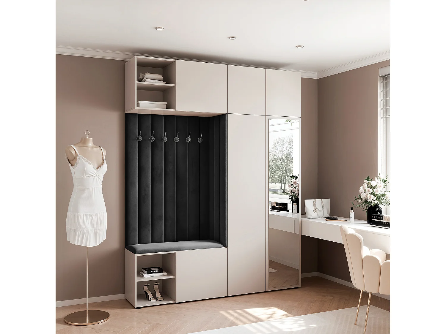 Garderobe Aria 190 cm Kasjmier Gestoffeerd Zwart Soft-Close Push-to-Open