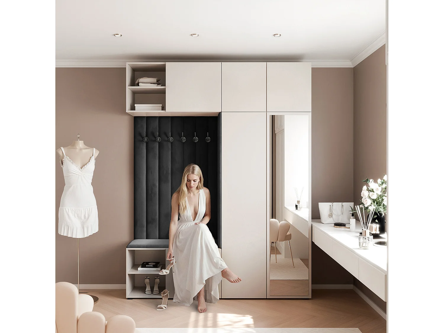 Garderobe Aria 190 cm Kasjmier Gestoffeerd Zwart Soft-Close Push-to-Open