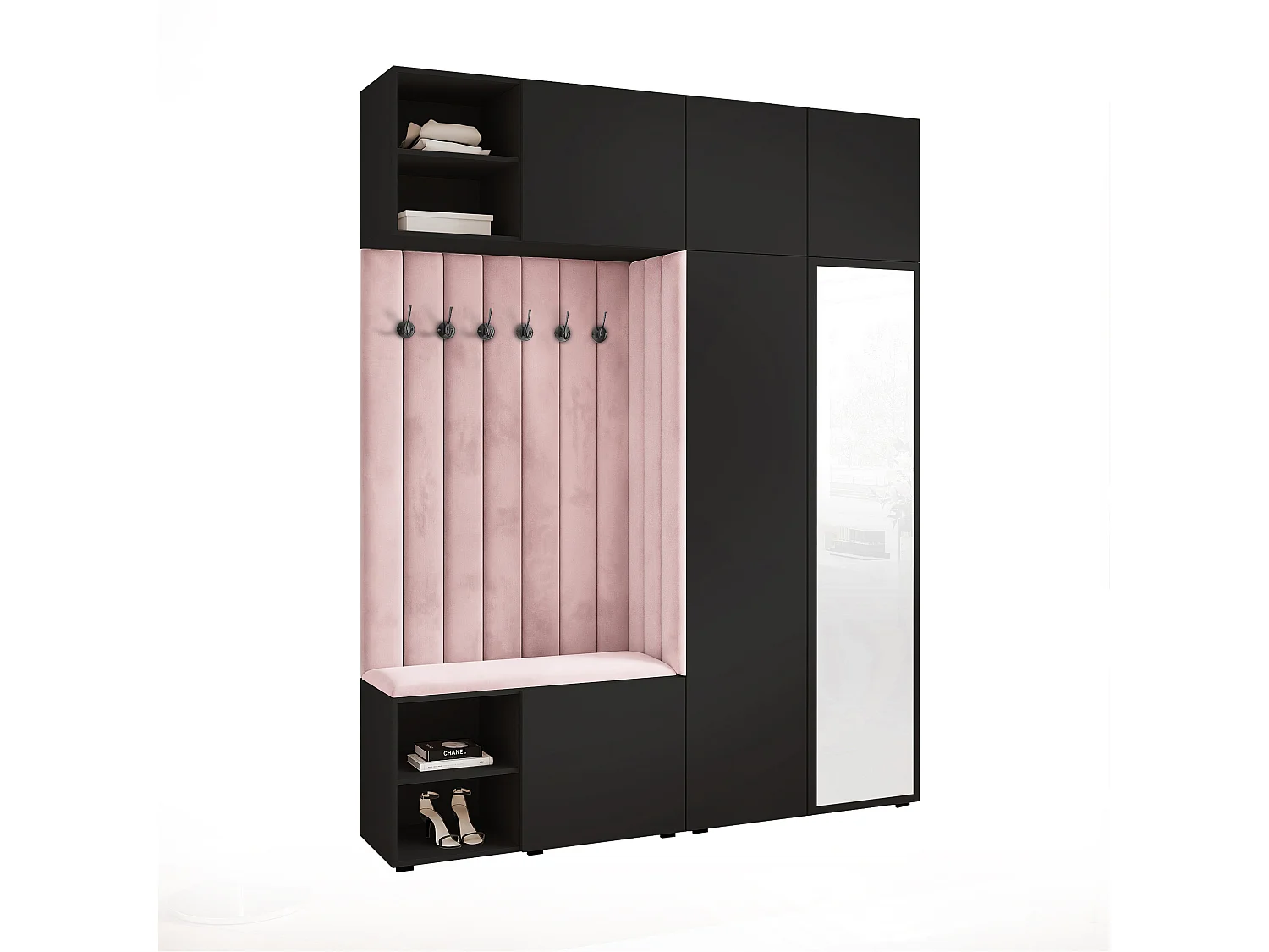 Garderobe Aria 190 cm Zwart Gestoffeerd Roze Soft-Close Push-to-Open