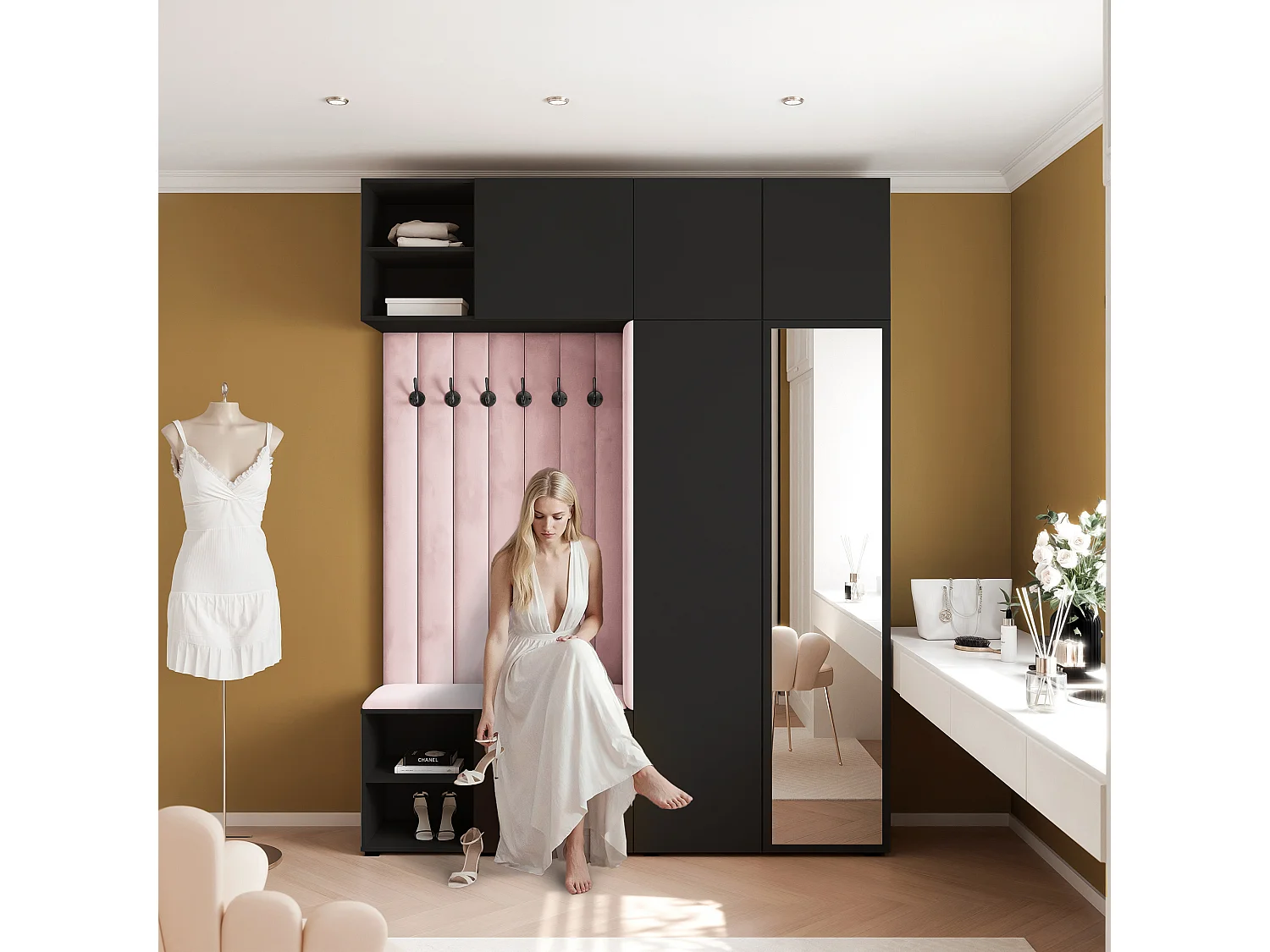 Garderobe Aria 190 cm Zwart Gestoffeerd Roze Soft-Close Push-to-Open