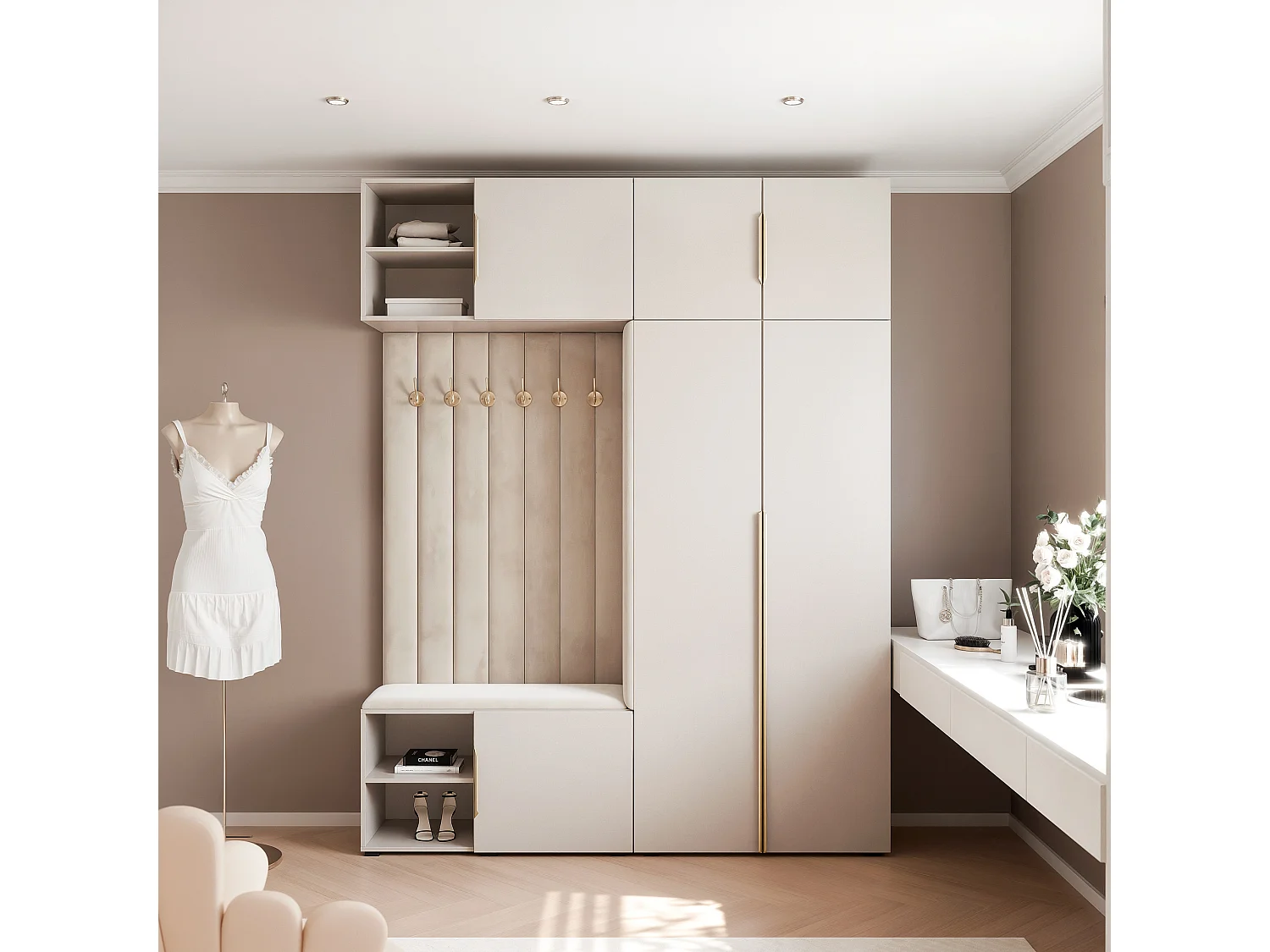 Vestiaire ARIA 4 190 cm Cachemire Rembourré Cachemire Soft-Close Poignées Hexa Doré