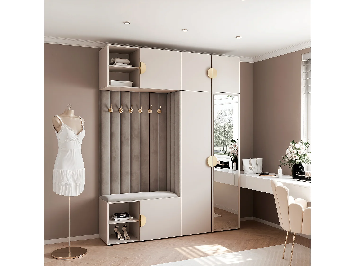 Garderobe Aria 190 cm Kaschmir Gepolstert Mausgrau Soft-Close Griffe Gold
