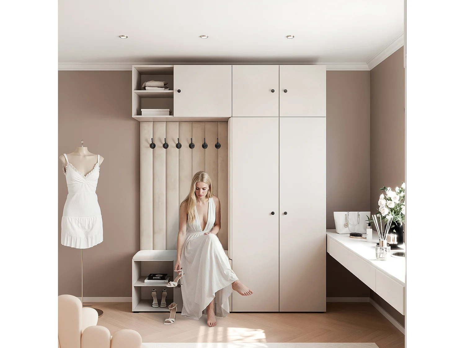 Vestiaire ARIA 4 190 cm Cachemire Rembourré Cachemire avec Miroir Soft-Close Poignées bouton Noir