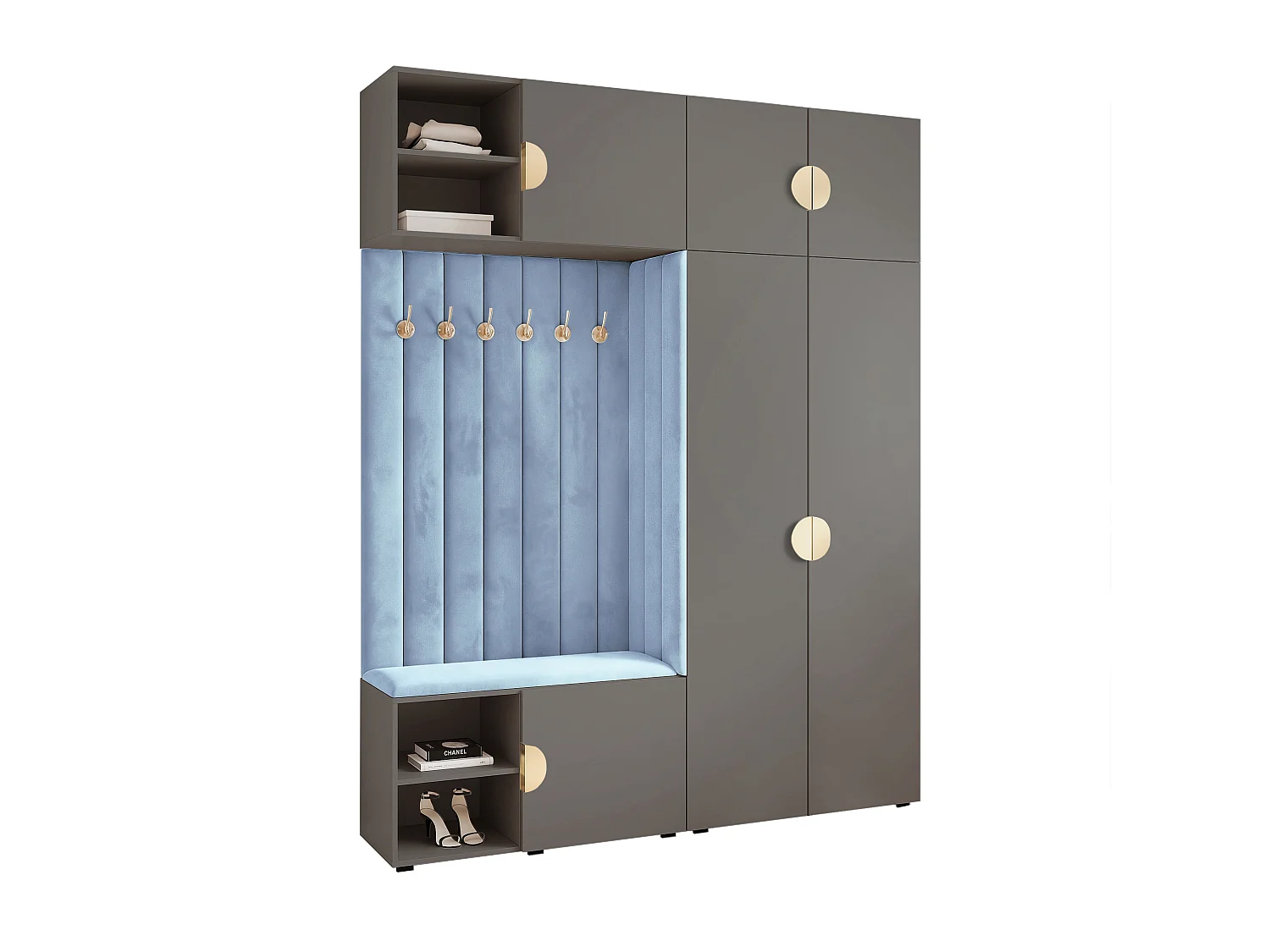 Vestiaire ARIA 4 190 cm Gris Rembourré Bleu Clair Soft-Close Poignées Moon Doré