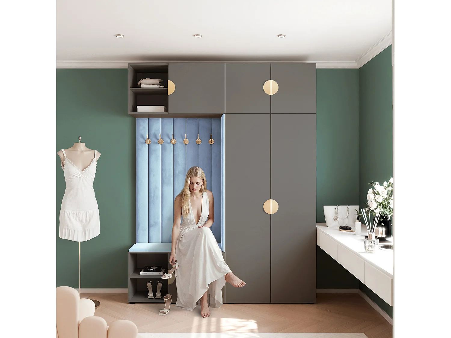 Vestiaire ARIA 4 190 cm Gris Rembourré Bleu Clair Soft-Close Poignées Moon Doré