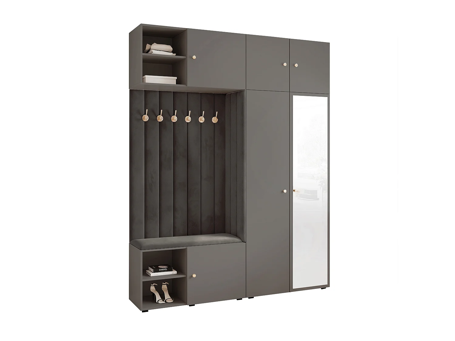 Vestiaire ARIA 4 190 cm Gris Rembourré Anthracite avec Miroir Soft-Close Poignées bouton Doré