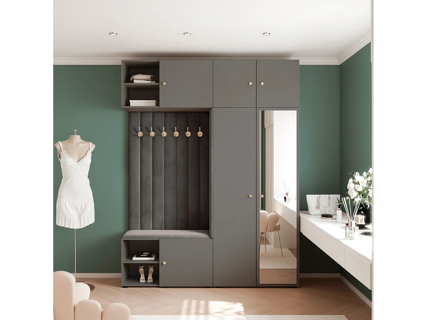 Vestiaire ARIA 4 190 cm Gris Rembourré Anthracite avec Miroir Soft-Close Poignées bouton Doré
