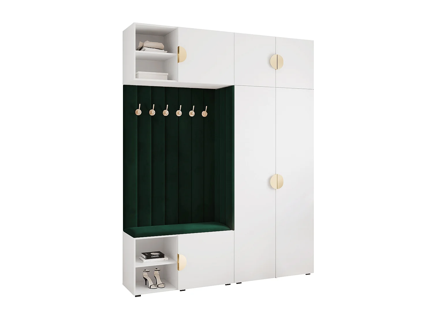 Vestiaire ARIA 4 190 cm Blanc Rembourré Vert Foncé Soft-Close Poignées Moon Doré