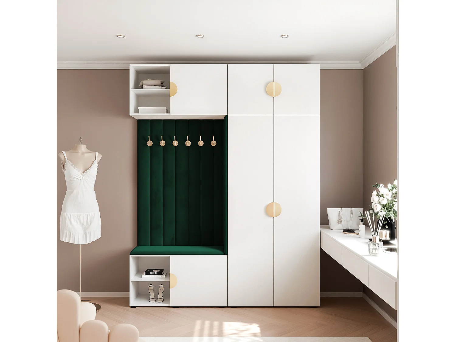 Vestiaire ARIA 4 190 cm Blanc Rembourré Vert Foncé Soft-Close Poignées Moon Doré