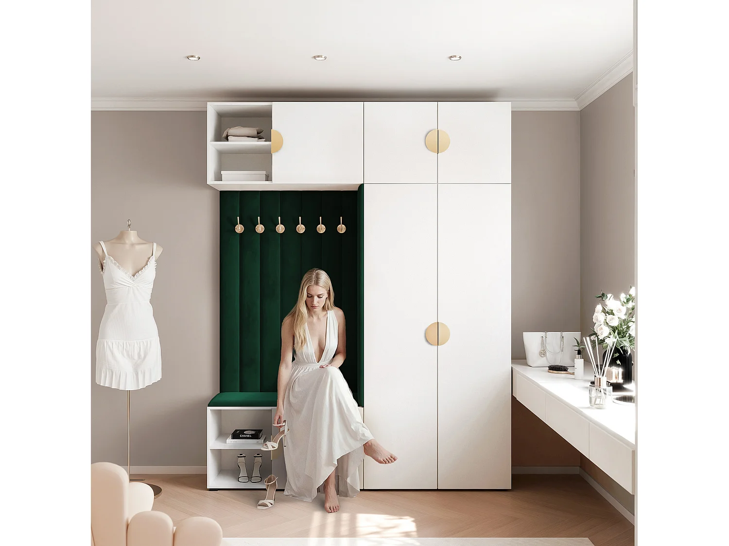 Vestiaire ARIA 4 190 cm Blanc Rembourré Vert Foncé Soft-Close Poignées Moon Doré