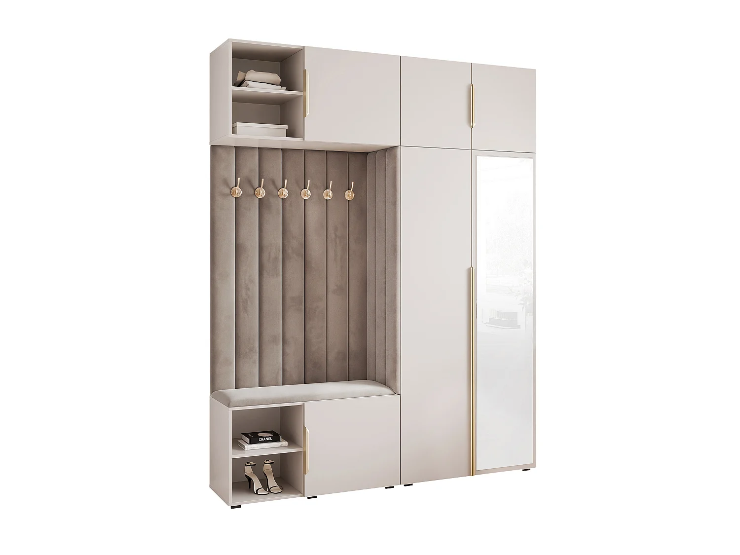 Garderobe Aria 190 cm Kaschmir Gepolstert Mausgrau Soft-Close Griffe Gold