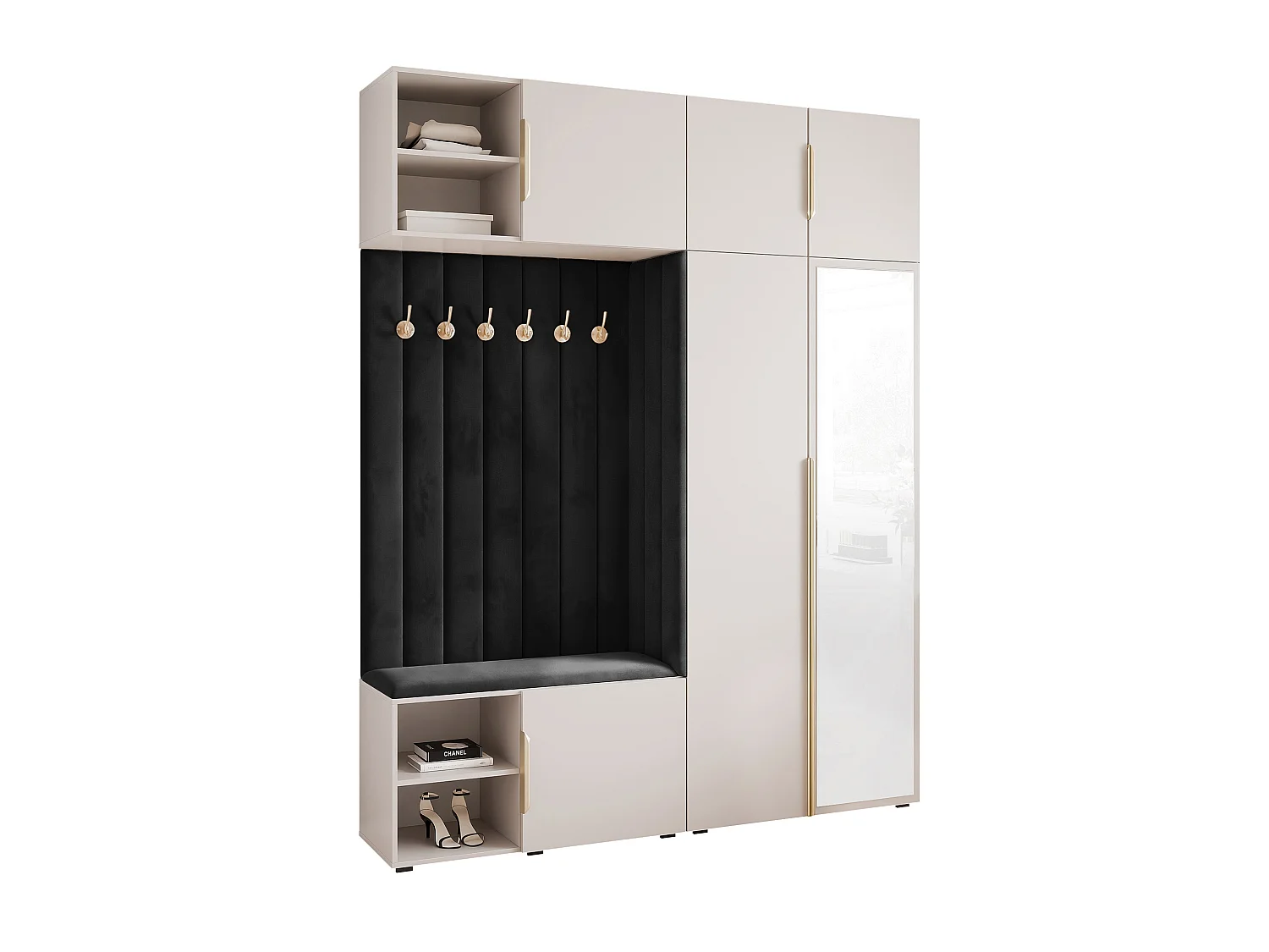 Garderobe Aria 190 cm Kaschmir Gepolstert Schwarz Soft-Close Griffe Gold