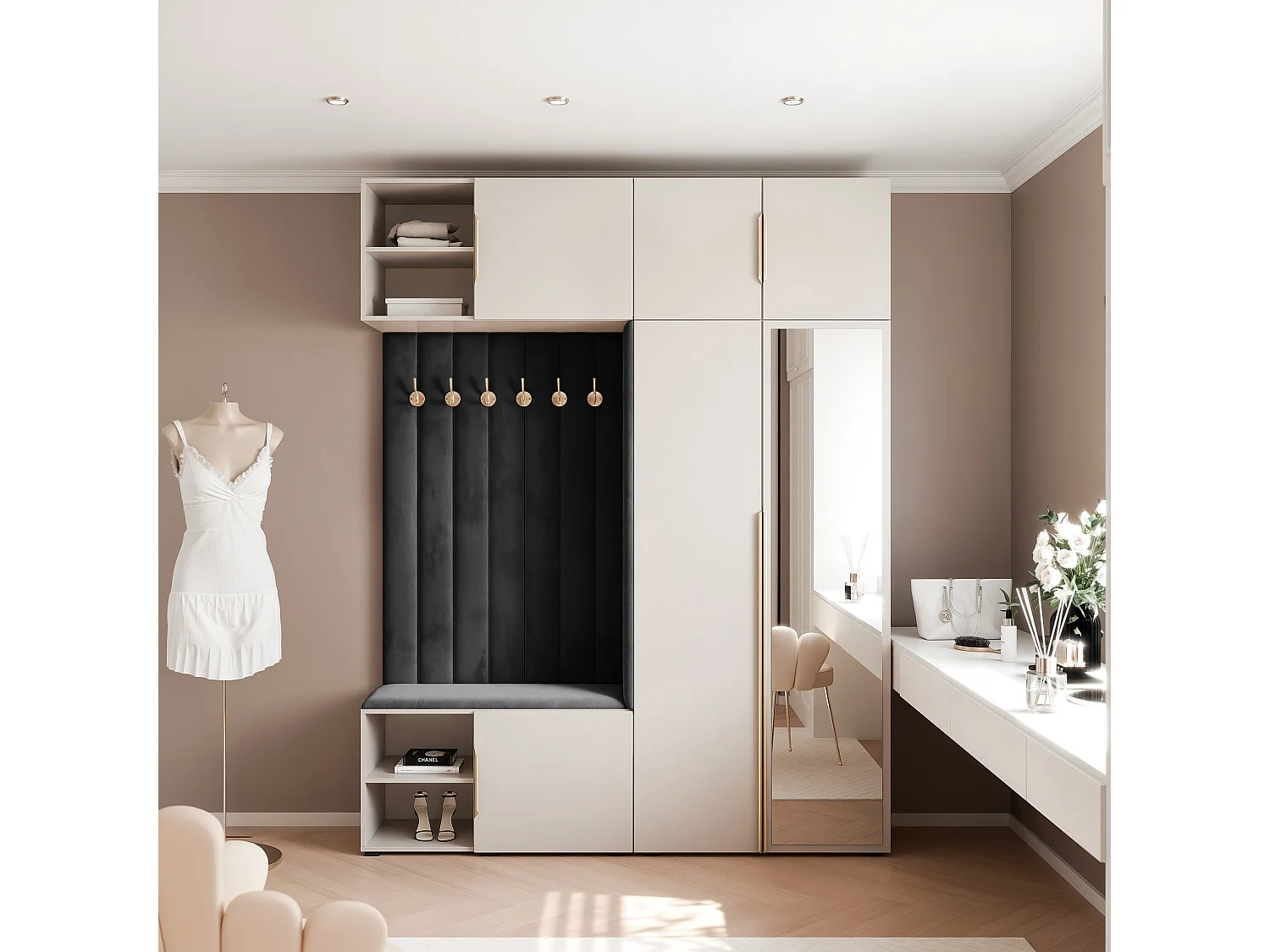 Garderobe Aria 190 cm Kaschmir Gepolstert Schwarz Soft-Close Griffe Gold