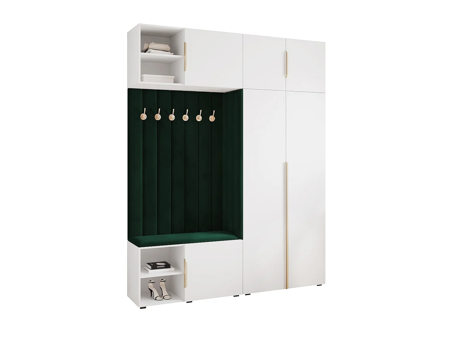 Vestiaire ARIA 4 190 cm Blanc Rembourré Vert Foncé Soft-Close Poignées Hexa Doré