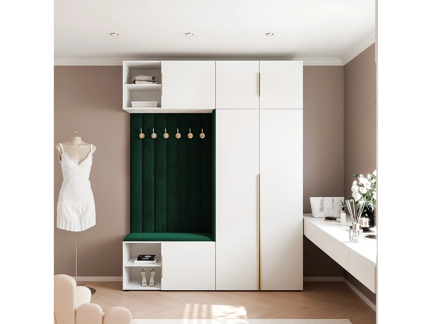Vestiaire ARIA 4 190 cm Blanc Rembourré Vert Foncé Soft-Close Poignées Hexa Doré
