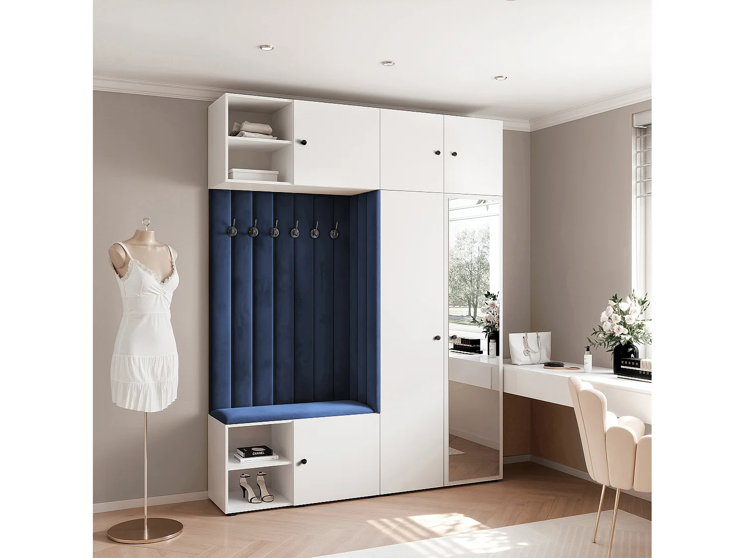 Garderobe Aria 190 cm Wit Gestoffeerd Atlantisch Blauw Soft-Close Grepen Zwart