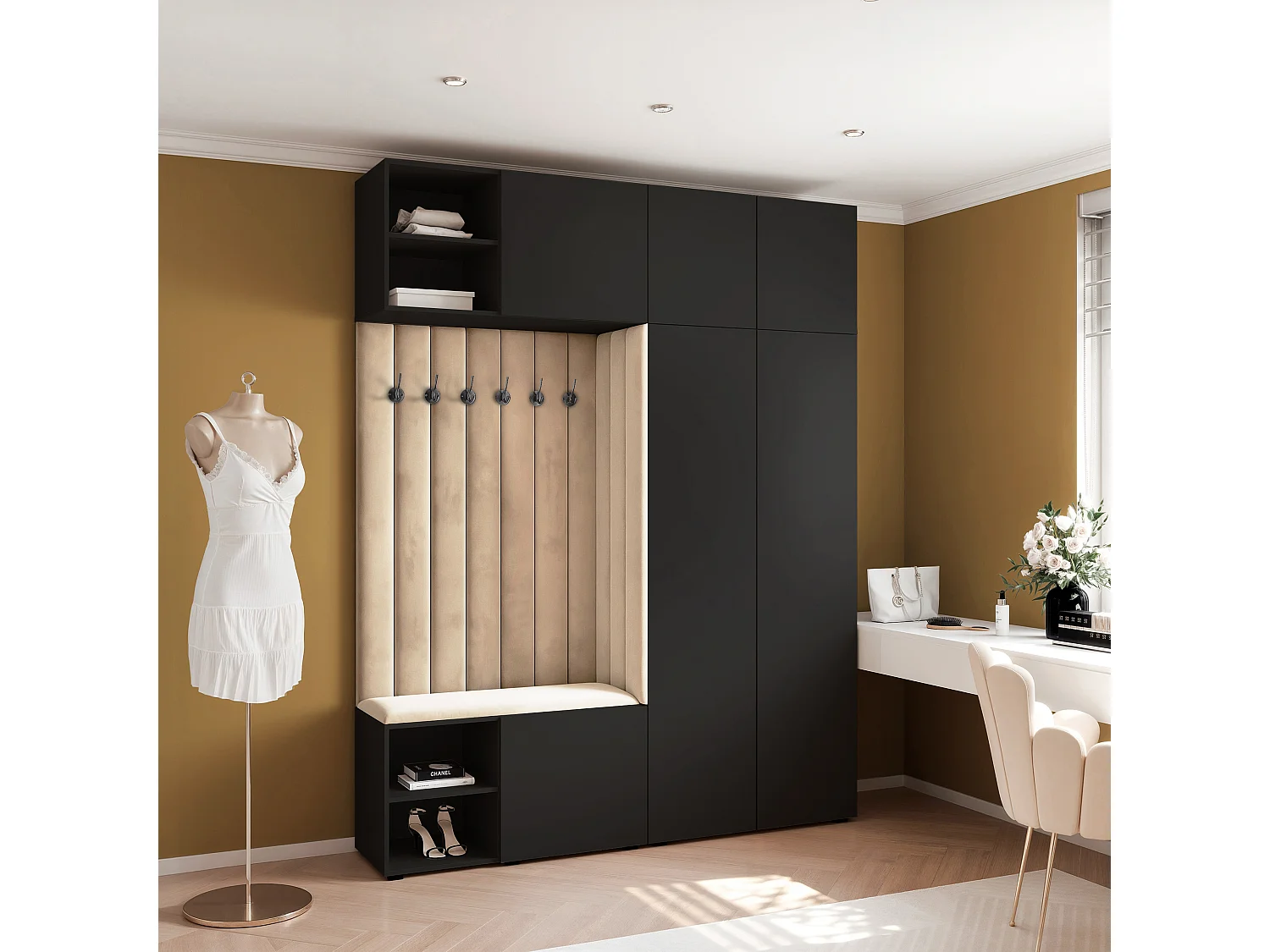 Garderobe Aria 190 cm Zwart Gestoffeerd Beige Soft-Close Push-to-Open
